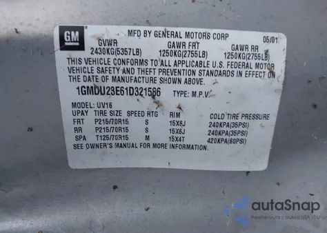 2001 Pontiac Montana 6-Passenger Seating из США, поврежденный, VIN 1GMDU23E61D321586